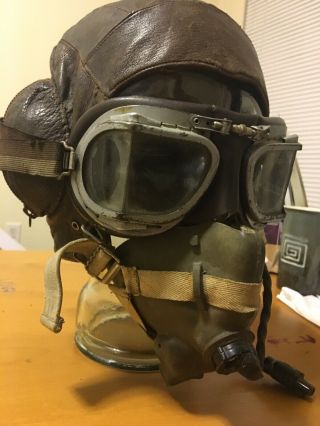 Ww2 Era Raf Pilot Helmet W/ Oxygen Mask And Goggles Leather Uk British