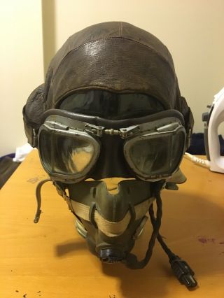 WW2 ERA RAF PILOT HELMET W/ Oxygen mask And Goggles Leather UK British 2