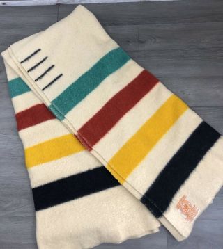 Hudson Bay Wool Blanket Vintage 4 Point Cream Colored Stripes Made In England