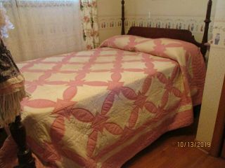Vintage Queen Size Quilt Dusty Rose & White 106 " X98 "