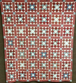 Early Americana C 1840 - 50s Album Quilt Antique Turkey Red Prussian Blue