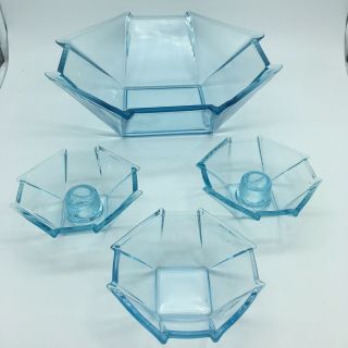 Antique Art Deco Blue Glass Geometric Bowls & Candlesticks