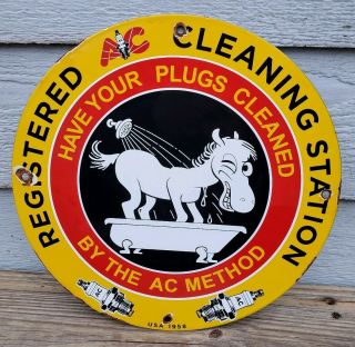Old Vintage 1958 Ac Spark Plugs Porcelain Sign Cleaning Station Donkey