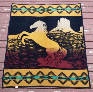 Vintage San Marcos Aztec Southwestern Horse Hi - Pile Reversible Blanket 80 " X 60”