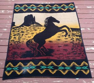 Vintage San Marcos Aztec Southwestern Horse Hi - Pile Reversible Blanket 80 