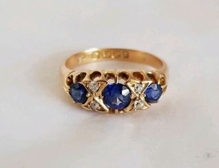 Antique 18ct Yellow Gold Dress Ring.  Set With Sapphires & Old Cut Diamonds