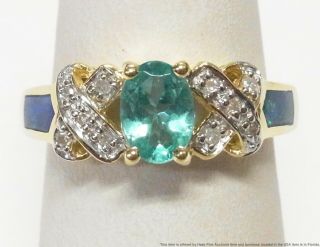 Exotic Neon Blue Apatite Natural Opal Diamond 14k Gold Ring Vintage Fashion Sz 6
