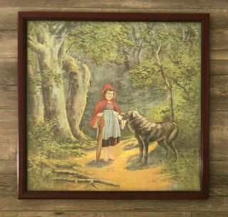 Schwab & Wolf Red Riding Hood Framed Lithograph Textile Art Print Circa 1900