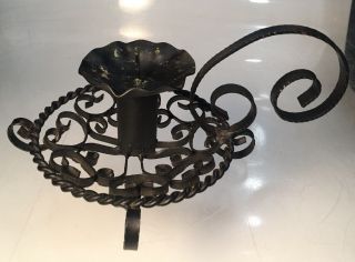 Vintage Wrought Iron & Ribboned Metal Candle Holder Chamber Stick Footed