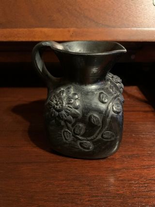 Vtg Signed Dona Rosa Black Oaxaca,  Mexican Pottery Jug Pitcher W/ Raised Flowers