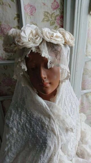 Exquisite Antique French Timeworn Silk Rose Couronne Crown Oyster Cream C1910