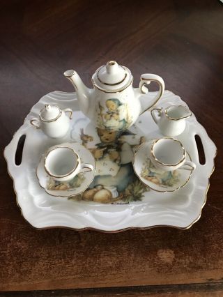 10 Pc M.  J.  Hummel Reutter Porzellan Porcelain Miniature Tea Set " He Loves Me "