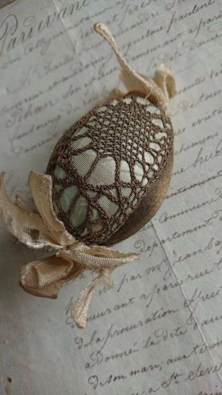Sweet Antique French Silk & Gold Wire Thread Egg With Ribbon Bows C1880
