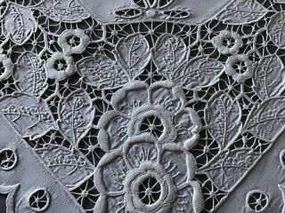 Stunning Antique Irish Linen Tablecloth Hand Embroidered Whitework Florals