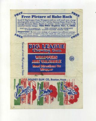 Vtg Wax Chewing Wrapper Big League Chewing Gum Baseball Trading Card Babe Ruth