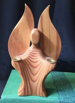 Vintage Mid Century Angel Hand Carved Modernist Wood Candle Holder Angel