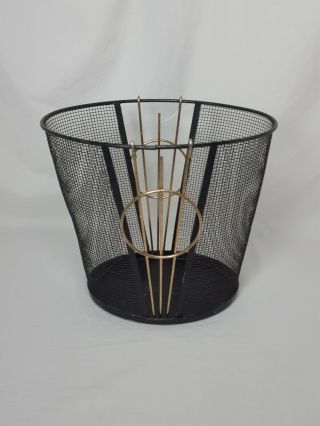 Vintage Mid Century Modern Waste Basket Trash Can Black Wire Gold Tone Accents