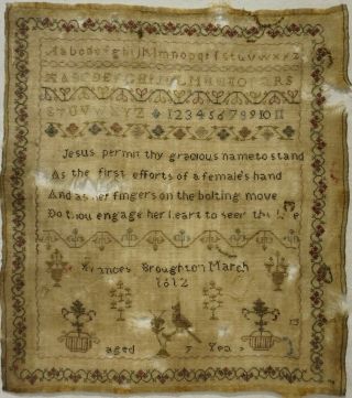 Early 19th Century Motif & Verse Sampler By Frances Broughton Aged 7 - 1812