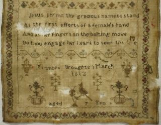 EARLY 19TH CENTURY MOTIF & VERSE SAMPLER BY FRANCES BROUGHTON AGED 7 - 1812 3
