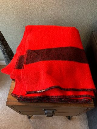 Vtg Faribo USA Wool hudson bay style Blanket Red w Black Stripe “61 X 78 2