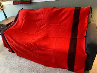 Vtg Faribo USA Wool hudson bay style Blanket Red w Black Stripe “61 X 78 3