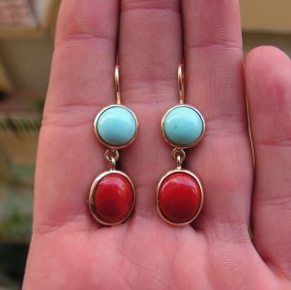 Antique Victorian French 18k Gold Red Coral 38mm,  10mm Fine Earrings Turquoise