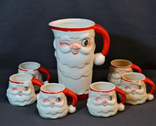 True Vintage Holt Howard Winking Santa Pitcher & 6 Mugs Dated 1959 - Christmas