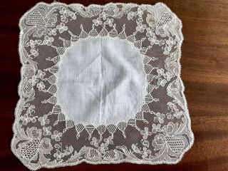 Antique Off White Lawn Cream Lace Wedding Handkerchief 11x11 Inches