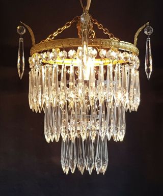 Large Vintage Brass & Crystal Glass Waterfall Chandelier Pendant Ceiling Light