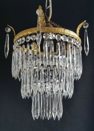 LARGE VINTAGE BRASS & CRYSTAL GLASS WATERFALL CHANDELIER PENDANT CEILING LIGHT 2