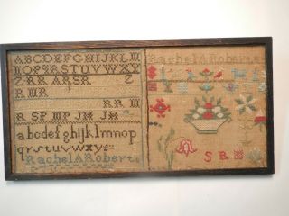 Two Antique Framed Cross Stitch Sampler Americana Framed Alphabet Flowers 1828
