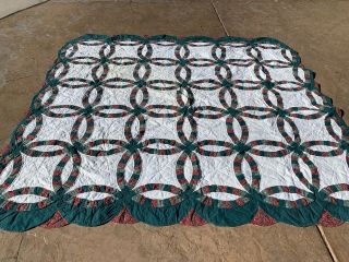 Vintage Handmade Hand Stitched Wedding Ring Quilt,  Band Cotton Christmas Colors