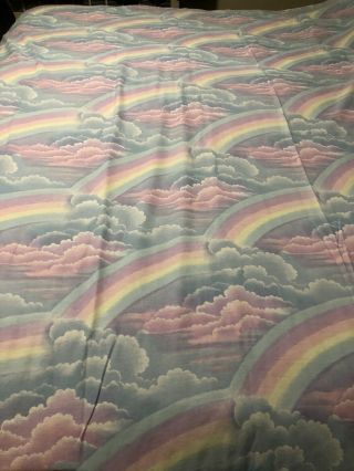 Vintage 80s Pastel Rainbow Clouds Sky Full Flat Sheet Purple Blue Pink
