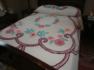 Vintage Chenille Bedspread Purple - Pink - Green - White Full Size 92 " X 106 "