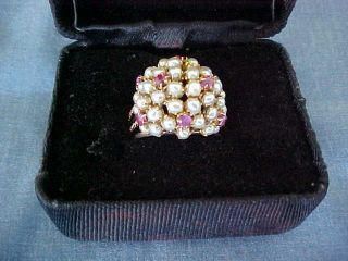Vintage 14k Yellow Gold W/ Pearls & Rubies Ring Purchased In Istanbul 1964 7 Gr