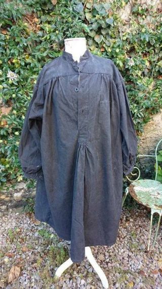 Antique French Black Linen Biaude Farmers Smock 19th Century