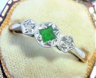 Antique Art Deco 9ct Gold,  Platinum,  Princess Emerald & Diamond Ring,  Size Q1/2