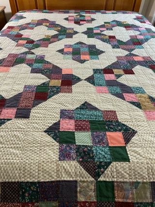 Omg Vintage Handmade Signed Dated Happy Scrappy Star Quilt 90 " X 90 "