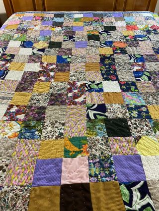 Fun Funky Circa 1960s Vintage Handmade Hand Quilted One Patch Quilt 75 " X 85 "
