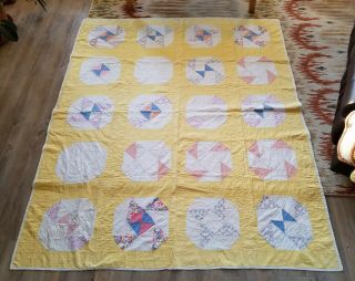 Vintage Yellow Handmade Patchwork Quilt With White Back 68 " X 82 1/2 "