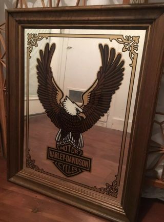 Vintage Harley Davidson Wall - Man Cave Bar Beer Mirror With Eagle Logo 1970s