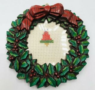 1983 Avon Christmas Wreath Captured Moments Frame Ornament Handmade Stitch Bell