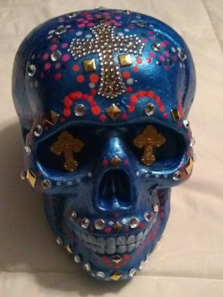 Blue Mexican Sugar Skull Calavera Day Of The Dead Embellished Gold Cross Accents