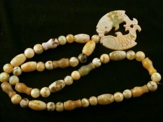 25 Inches Chinese Old Jade Beads Necklace W/jade Fishes Pendant Saa015