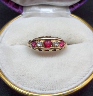 Antique Victorian 18ct Gold Diamond And Ruby Boat Ring Chester Hallmark