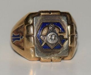 Vintage 10k Gold Masonic " G " Ring With Single Facet Diamond - Size 10