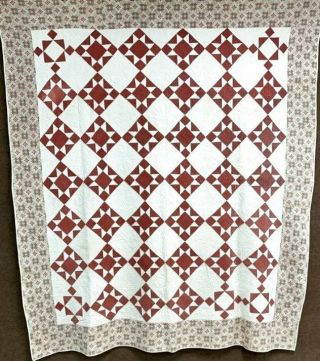 Turkey Red 1800s Americana " Stars " Antique Quilt Chintz Quilted Trees Early