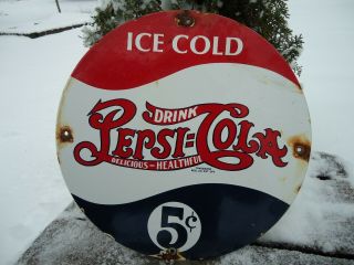 Vintage Drink Pepsi Cola 5 Cents Porcelain Gas Station Sign Soda Pop Advertising
