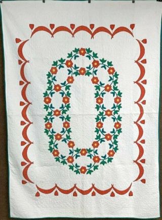 Vintage Floral Wreath Applique Quilt Red Green Swags Ties