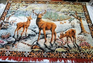 Vintage 1960s Plush Tapestry Wall Hanging Deer Nature Large 46 " X 66 " Fringe